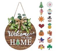 Interchangeable Seasonal Welcome Sign Front Door Decoration, Rustic Round Wood Wreaths Wall Hanging Outdoor, Farmhouse, Porch, for Spring Summer Fall All Seasons Holiday Halloween Christmas.