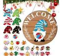 Interchangeable Welcome Sign for Front Door Garden Gnome Interchangeable Seasonal Wooden Sign, Home Decoration with Magnetic Parts and Removable Hats for Wall Outdoor Garden Christmas Hallowe