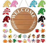 Interchangeable Welcome Sign, Wooden Wreath Decoration, Interchangeable, Halloween Decoration with Garden Gnome, for Home, Wall, Classroom, School, Winter, Autumn, Holiday, Christmas, Halloween