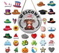 Interchangeable Wooden Cow Welcome Sign with 35 Magnetic Attachments for Holiday and Non-Holiday Decor Use (MZ982A)