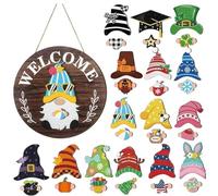 Interchangeable Wooden Gnome Decor Front Door Decoration Welcome Sign Holiday Seasonal Gnome Decorations With Magnet Pieces And Detachable Hats Gnomes Changeable Welcome Sign For Home (15 Pcs) (D)