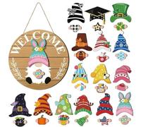 Interchangeable Wooden Gnome Decor Holiday Seasonal Gnome Decorations with Magnet Pieces and Detachable Hats Changeable Welcome Sign for Home (E)