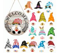 Interchangeable Wooden Gnome Garden Plaque with 15 Magnetic Hats & Seasonal Accessories - 12 x 12 Inches, DIY Home and Porch Decor for Holidays, Birthdays and Year-Round Festive Display(MZ980C)