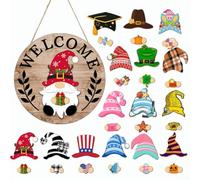 Interchangeable Wooden Gnome Garden Sign with Welcome Home Plaque and 15 Seasonal Magnetic Hats and Accessories for Porch Decor, Festive Holiday Ornament,(MZ979C)