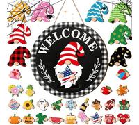 Interchangeable Wooden Gnome Welcome Sign,Interchangeable Wooden Seasonal Sign - Home Decor with Magnet Pieces and Detachable Hats,for Porch Wall Outdoor Yard Garden Holiday Christmas Halloween