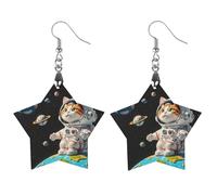 Interesting Astronaut Cat Wooden Earrings for Women, Vintage Elegant Wood Jewelry, Lightweight Earrings for Wedding, Party, Everyday Jewelry Gift, Circular, Wood, wood