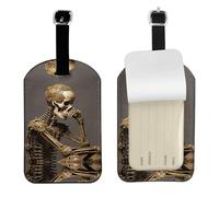 Interesting Skeleton Printed PU Leather Bag Tag, Personalized Baggage Label, Privacy Flap ID Shield, for Vacation