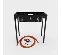 INTERGAS Double Burner Gas Stove - 2 x 145mm High-Power 9KW Burners with Adjustable Legs, Piezo Ignition, Wind Protection, Hose & Regulator Included - Durable Iron Frame for Indoor & Outdoor Cooking