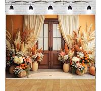 Interior Bohemian Room Wall Photography Background Boho Floral Pampas Backdrop Wood Door Wedding Decor Backdrops Boho Floral Wedding Family Baby Shower Kid Birthday Party Banner(D, 7x5feet)