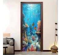 Interior Doors Decal Stickers Peel and Stick, Underwater World Corals and Small Fish Door Mural Cover Removable Colorful Self-Adhesive Wallpaper for Bedrooms Living Room 90x200 cm
