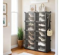 Interlocking Shoe Rack, Plastic Shoe Storage Cabinet, 16-Slot Modular Storage Unit, Black