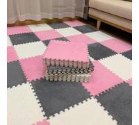 Interlocking Square Foam Tiles 12x12x0.4in Thickened Plush Puzzle Foam Floor Mat Shaggy Play Carpet Mats(Light Gray+pink+white,10pcs)
