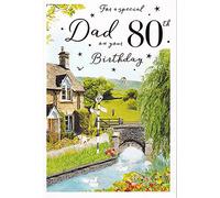 International Cards and Gifts Birthday Card - 'For a Special Dad on Your 80th Birthday' - Lovely Country Cottage Illustration