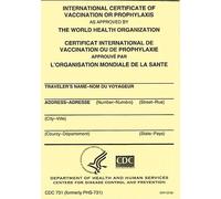 "INTERNATIONAL CERTIFICATE OF VACCINATION OR PROPHYLAXIS" with plastic cover
