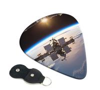 International Space Station Picture Guitar Picks 6 Pack with Leather Guitar Pick Holder Keychain, Plectrum Key Fob Cases Bag, Abstract Art Plectrum for Acoustic Electric Guitar, Ukulele 0.46mm