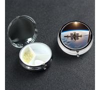 International Space Station Picture Pill Box 3 Compartment Pill Case for Purse or Pocket Small Medicine Organizer with Mirror Travel Pillbox Decorative Metal Vitamin Container Unique Gift