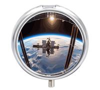 International Space Station Picture Pill Box Portable with 3 Compartments Travel Pill Holder Cute Round Tablet Container Mini Vitamin Holder Organizer Pills Case