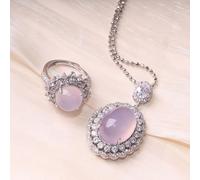 Internet celebrity light luxury silver inlaid natural high ice purple chalcedony pendant super flash ring set all-match fashion jewelry
