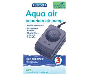 Interpet Aqua Air Oxygen Pump for Aquarium Fish Tank Aeration, Quiet, Powerful, 1 Outlet, AP1 for Aquariums 21-50 Litre, clear