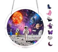 Interstellar Space with Sun Earth Moon Astronauts 7.8x7.8Inch Round Acrylic Puzzle Unique Shape Cosmic Wall Art Home Decor Hanging Ornament Relaxing Mind Activity
