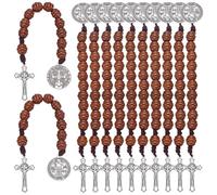 INTERWARM 12Pcs Saint Benedict Medal Prayer Pocket Rosary,19.7cm Brown Wood Beads Cross,Catholic Prayer Beads for Men Women Pocket Rosary with Religious Christmas Easter Baptism Church