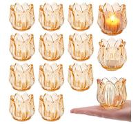 INTERWARM 26 Pcs Gold Votive Candle Holders,Glass Flower Tealight Candle Holder,Thick Glass Tea Light Candles Holder Bulk for Wedding, Birthday, Anniversary, Parties, and Holiday (Huplatinum color)