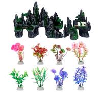 INTERWARM 2Pcs Large Fish Tank Decorations, Aquarium Ornament Rock Cave Landscape with 8pc Aquarium Plastic Plants Artificial Mountain Hill View Stone with Moss for Gold Fish Betta Cichlids