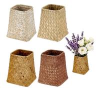 INTERWARM 4 Pcs Rectangle Woven Flower Basket,12.5x12.5x14.5cm Straw Woven Vase,Vintage Wicker Flower Basket for Floral Arrangements Home House Hotel Decoration,4 Colors