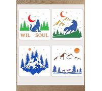 INTERWARM 4Pcs Wolf Plastic Stencils, 30x30cm Moon Reusable Painting Template Forest Mountains Crafts Drawing Templates for Painting on Wood Wall Door Canvas Fabric Rock Sign Home Decor
