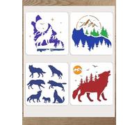 INTERWARM 4Pcs Wolf Stencils for Painting, 30x30cm Mountains Forest Moon Plastic Reusable Stencil Animals Crafts Drawing Templates for Painting on Wood Wall Door Canvas Fabric Home Decor