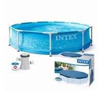 Intex 4-in-1 Beachside Metal Frame Pool With Filter Pump & Pool Cover in Blue | Size: 20kg Intex Blue 20kg