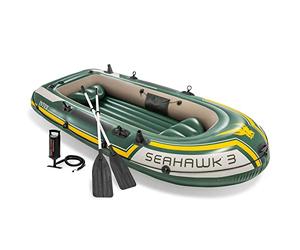 Intex 68380EP Seahawk 3 Inflatable Boat Set: Includes Deluxe 54in Boat Oars and High-Output Pump - SuperStrong PVC - Fishing Rod Holders - 3-Person - 790lb Weight Capacity
