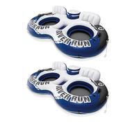 Intex River Run II Lightweight Durable 2 Person Water Tubes Outdoor Pool or Lake Floating Raft Lounger with Built in Cooler and Cupholders Blue/White