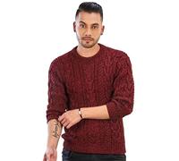 INTI ALPACA Irish Aran Jumper for Men - Hand Cable Knitted Crewneck Pullover in Red Melange Alpaca Wool (Large)