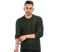 INTI ALPACA Irish Aran Sweater for Men - Hand Cable Knitted Crewneck Pullover in Alpaca Wool, Green, Large