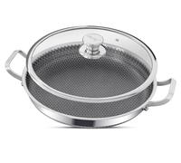 INTIGNIS Paella Pan Stainless Steel 32 cm with Lid - Traditional Spanish, Honeycomb, Chemical Free, Anti-Scratch, Suitable for Induction and Oven, Cold Handle, German Greblon Coating