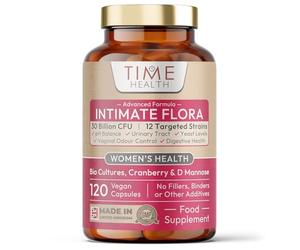 Intimate Flora | Probiotics for Women | Nutritionist Approved | 120 Capsules | 30 Billion CFU 12-Strain Probiotic | 15,000mg Cranberry Extract | D Mannose | Bio Cultures for Microbiome & Gut | Vegan