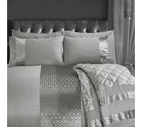 Intimates Luxury Sparkle Duvet Cover and Pillowcase Set Embossed Silver Foil Geometric Velvet Glitz Border (Grey, Super King)