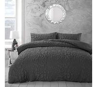 Intimates Luxury White Grey Quilted Thermal Floral Geometric Pinsonic Embossed Bedding Set with Pillowcases (Charcoal Grey, Double)
