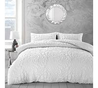 Intimates Luxury White Grey Quilted Thermal Floral Geometric Pinsonic Embossed Bedding Set with Pillowcases (White, Super King)