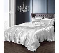 Intimates Satin Silky Bedding Sets Duvet Cover, Fitted Sheet and Pillowcases Easy Care Duvet Cover Complete Set (Double, White)