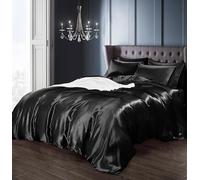 Intimates Satin Silky Bedding Sets Duvet Cover, Fitted Sheet and Pillowcases Easy Care Duvet Cover Complete Set (Double, Black)