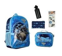 INTIMO Monster Jam Megalodon 5-Piece Backpack Mega Set with Detachable Lunch box Water Bottle Pencil Case and Stickers Set