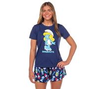 INTIMO The Smurfs 2 Piece Pajama Set Women's Smurfette Adult Short Sleeve and Shorts, Navy Blue, L