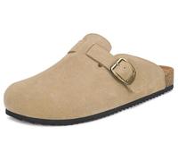 Intini Suede Clogs Men Leather Boston Mules Soft Cork Footbed Adjustable Buckle with Arch Support Sandals Shoes Size Apricot UK8.5=44