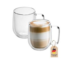 INTIRILIFE 2x double-walled thermo glasses set -150-200ml- mouth-blown insulated for espresso cappuccino, tea glasses coffee glasses latte macchiato cups, floating effect with handle