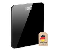 Intirilife digital bathroom scale - Body scale made of safety glass, large LCD, step-on, auto on/off, overload & battery warning, non-slip - Flat design for bathroom/WC, black, in atteries