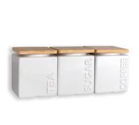 INTIRILIFE storage jar set coffee tea sugar with ceramic bamboo lid in white, 3 pieces- capacity 650 ml each- kitchen storage, airtight closure- jars pots, labelled, glossy
