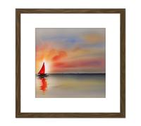 Into The Sunset Watercolour Sailing Red Sail Boat On Calm Sea Square Wooden Framed Wall Art Print Picture 8X8 Inch Artery8 Brown One Size
