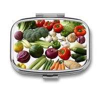 Introduction of Various Vegetables Pill Case for Travel, Rectangle Metal Pill Organizer with 2 Compartments, Portable Daily Medicine Box for Purse, Wallet
